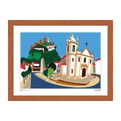 Ilustração colorida estilizada de igreja, monumento e castelo
