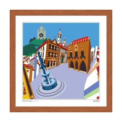 Ilustração estilizada de uma praça com fonte azul e edifícios coloridos emoldurada em madeira