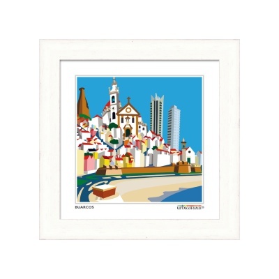 Ilustração colorida de Buarcos com igreja, casas brancas e praia