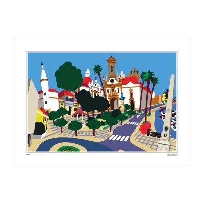 Ilustração colorida de uma praça em Faro com edifícios históricos, árvores e escultura 'I ❤ faro'.