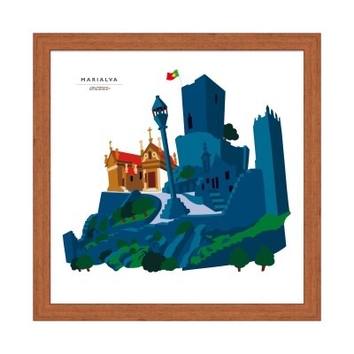 Ilustração artística de edifícios históricos e torre com bandeira de Portugal emoldurada