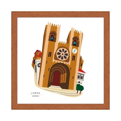 Ilustração de catedral em Lisboa em moldura de madeira