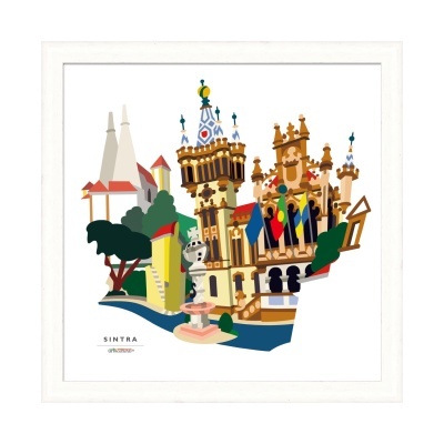 Ilustração colorida de monumentos de Sintra em moldura branca