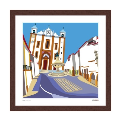 Quadro decorativo com desenho digital de igreja e fonte numa praça com moldura castanha.