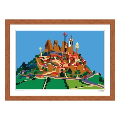 Ilustração colorida de vila numa colina em quadro com moldura castanha