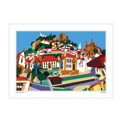 Ilustração colorida de uma vila portuguesa com casas e igreja em colina ao fundo