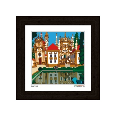 Ilustração de edifício antigo refletido em piscina, moldura preta