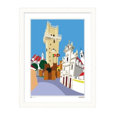 Quadro com ilustração digital de torre e edifícios históricos em moldura branca