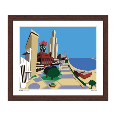 Quadro emoldurado com ilustração urbana de cassino junto à praia