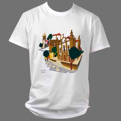 T-shirt branca com estampa de edifício histórico em Lisboa