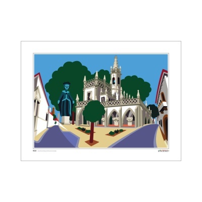 Ilustração de edifício histórico com estátua e árvores em praça, céu azul