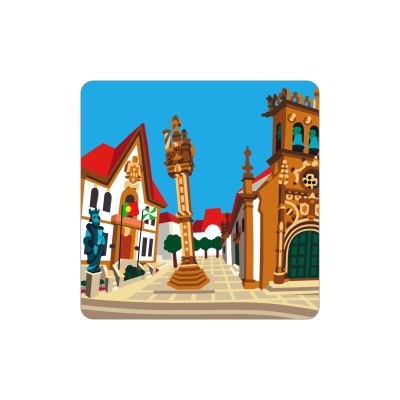 Ilustração de praça histórica com colunas, edifícios e estátua em cores vibrantes