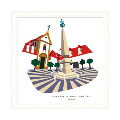 Ilustração de Vila Real de Santo António com igreja, obelisco e padrão azulejo