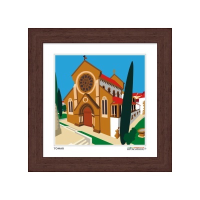 Ilustração digital colorida de igreja histórica em Tomar com moldura de madeira escura