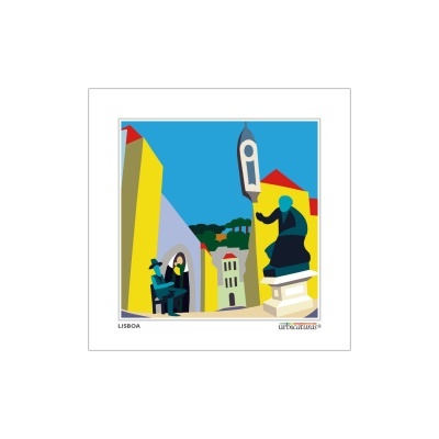 Ilustração colorida de estátua e edifícios urbanos em Lisboa com céu azul