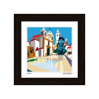 Quadro decorativo com ilustração colorida da cidade de Lagos e moldura preta