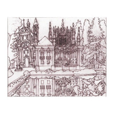 Desenho a lápis detalhado de edifícios ornamentados com reflexo na água