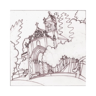 Desenho a lápis de igreja antiga com árvores e arbustos