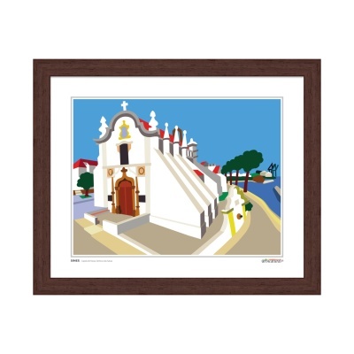 Ilustração da Capela de Nossa Senhora das Salvas em Sines com moldura castanha.