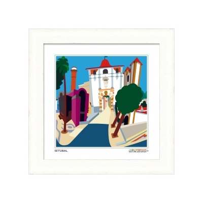 Ilustração colorida de edifício em Setúbal com árvores e colunas em moldura branca