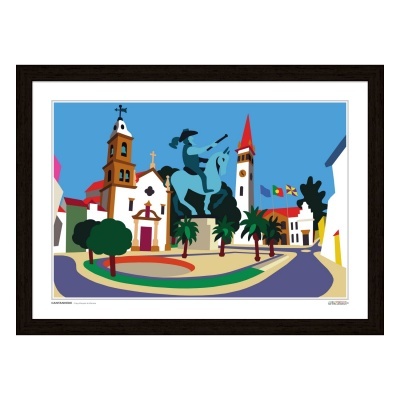 Ilustração gráfica colorida de praça com estátua equestre central e edifícios ao fundo, emoldurada