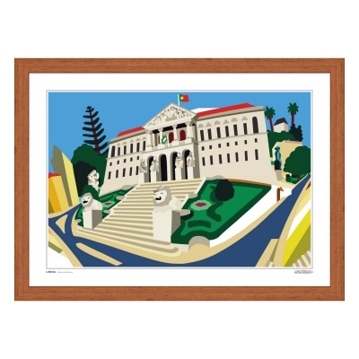 Quadro ilustrado de edifício branco com escadaria e bandeira de Portugal em moldura castanha