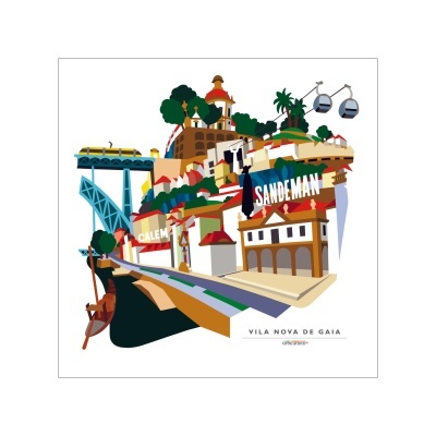 Ilustração turística de Vila Nova de Gaia com teleférico, rio e painéis CALÉM e SANDEMAN