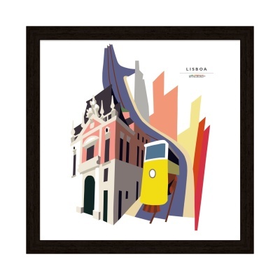 Ilustração de eléctrico amarelo e edifício em Lisboa com texto decorativo