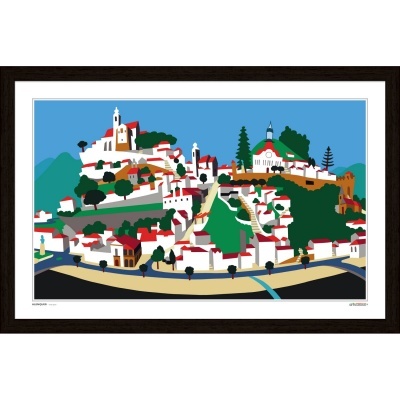 Quadro de vila estilizada com casas brancas e telhados vermelhos em colina