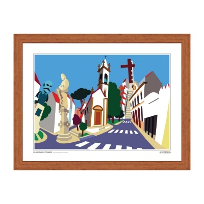 Ilustração de rua com igreja, estátuas, edifícios e árvores em moldura de madeira