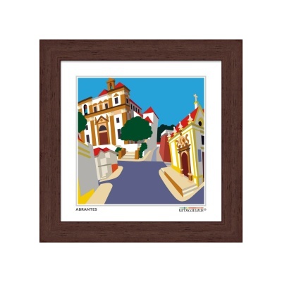 Ilustração colorida de rua histórica de Abrantes emoldurada em madeira castanha