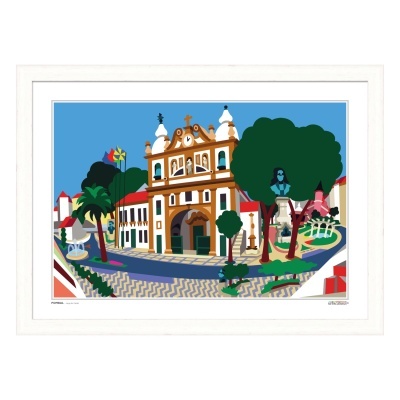 Ilustração colorida de edifício histórico com árvores e pavimento emoldurada a branco