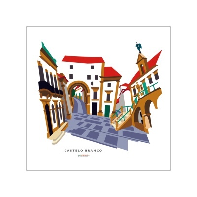 Ilustração colorida de edifícios em Castelo Branco com telhados vermelhos.