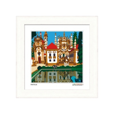 Ilustração colorida de edifício histórico refletido na água com moldura branca