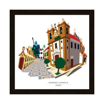 Ilustração colorida da arquitetura e estátua de Samora Correia emoldurada