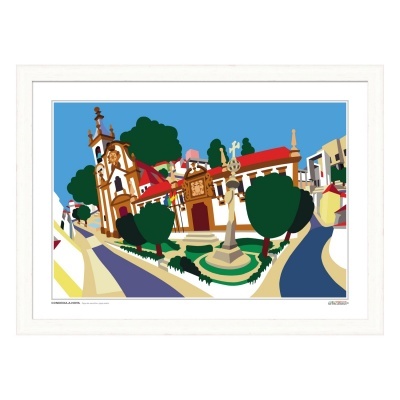 Quadro com arte gráfica de cenário urbano colorido e moldura branca