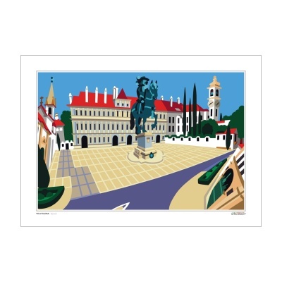 Ilustração gráfica de uma praça com estátua e edifícios com telhados vermelhos