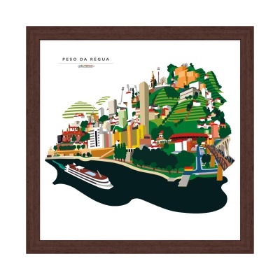 Ilustração colorida de Peso da Régua com rio e barco em moldura castanha