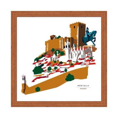 Ilustração colorida de Mértola com castelo, casas e estátua equestre em quadro com moldura de madeira