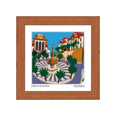 Imagem digital da Torre de Moncorvo com padrão geométrico e moldura de madeira castanha