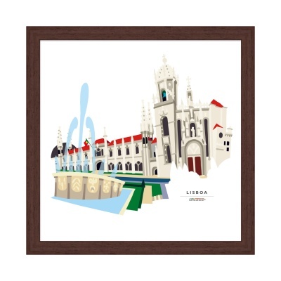 Ilustração gráfica de monumento de Lisboa com fonte e moldura de madeira