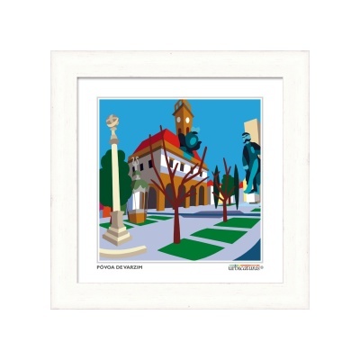 Imagem digital colorida de praça com edifícios e estátuas emoldurada