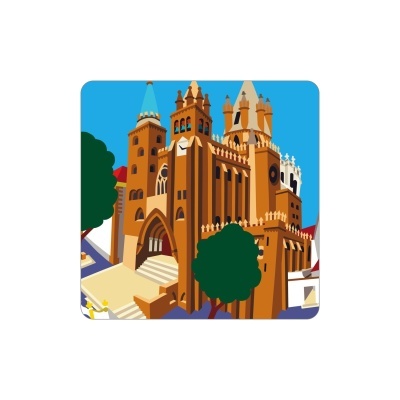 Ilustração colorida de castelo ou catedral com torres, relógio, árvores e céu azul