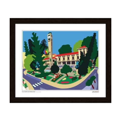 Ilustração colorida de Vila Nova de Famalicão com edifício e natureza