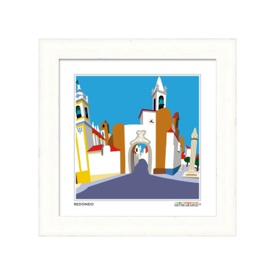 Imagem gráfica colorida de arquitetura urbana em moldura branca com texto REDONDO e urbearte