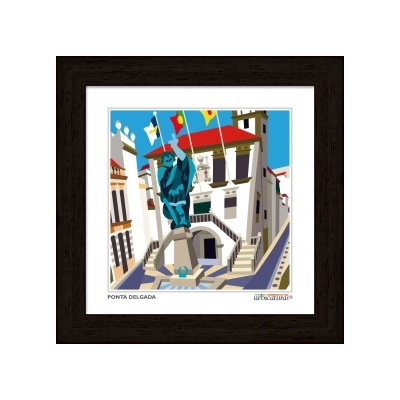 quadro com ilustração da estátua azul com bandeiras em frente a edifícios brancos e telhados vermelhos em Ponta Delgada