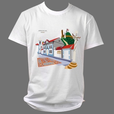 T-shirt branca com estampado colorido de rua e texto 'ARRAIÓLOS ALENTEJO'