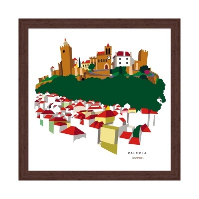 Ilustração da cidade de Palmela com casas e castelo em moldura de madeira escura
