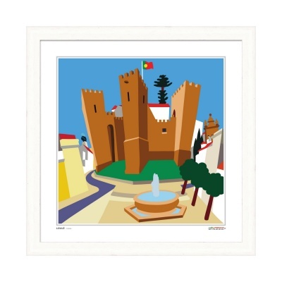 Ilustração estilizada de castelo com fonte e árvores em moldura branca