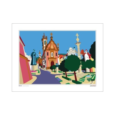 Ilustração digital colorida de rua com igreja, árvores e edifícios tradicionais.